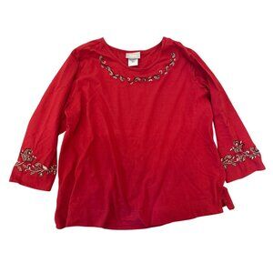 Vintage Blair Red Embroidered 3/4 Sleeve Top XLG Grannycore Festive